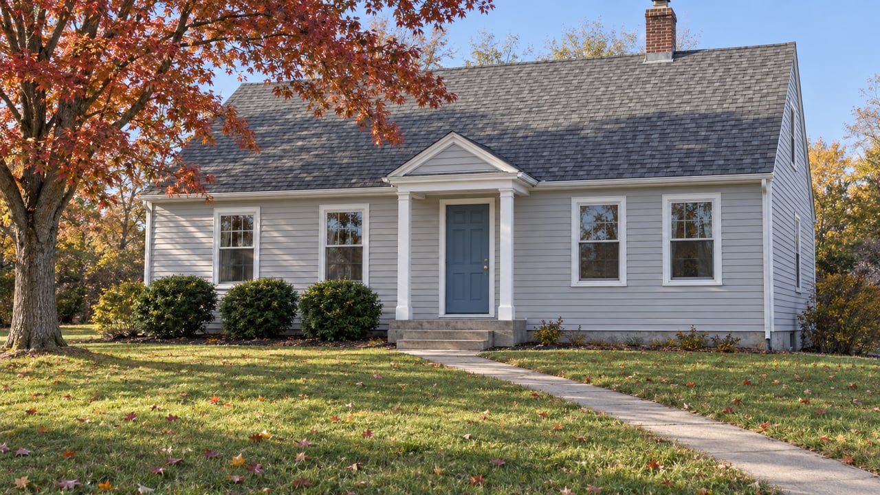 Light-gray gabled home with a blue front door, paired white porch columns and a deep autumn lawn beneath a red maple.