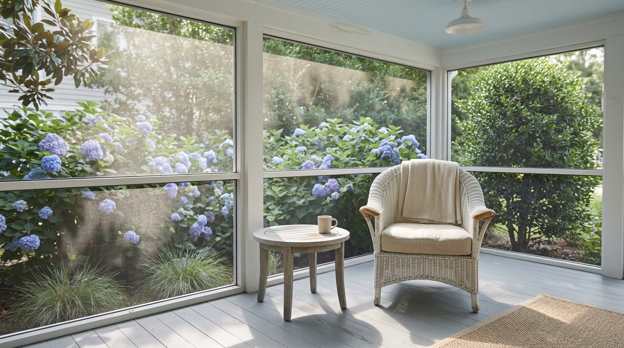 White wicker armchair with linen cushion beside a teak table and cream mug on a screened porch with flowering hydrangeas.