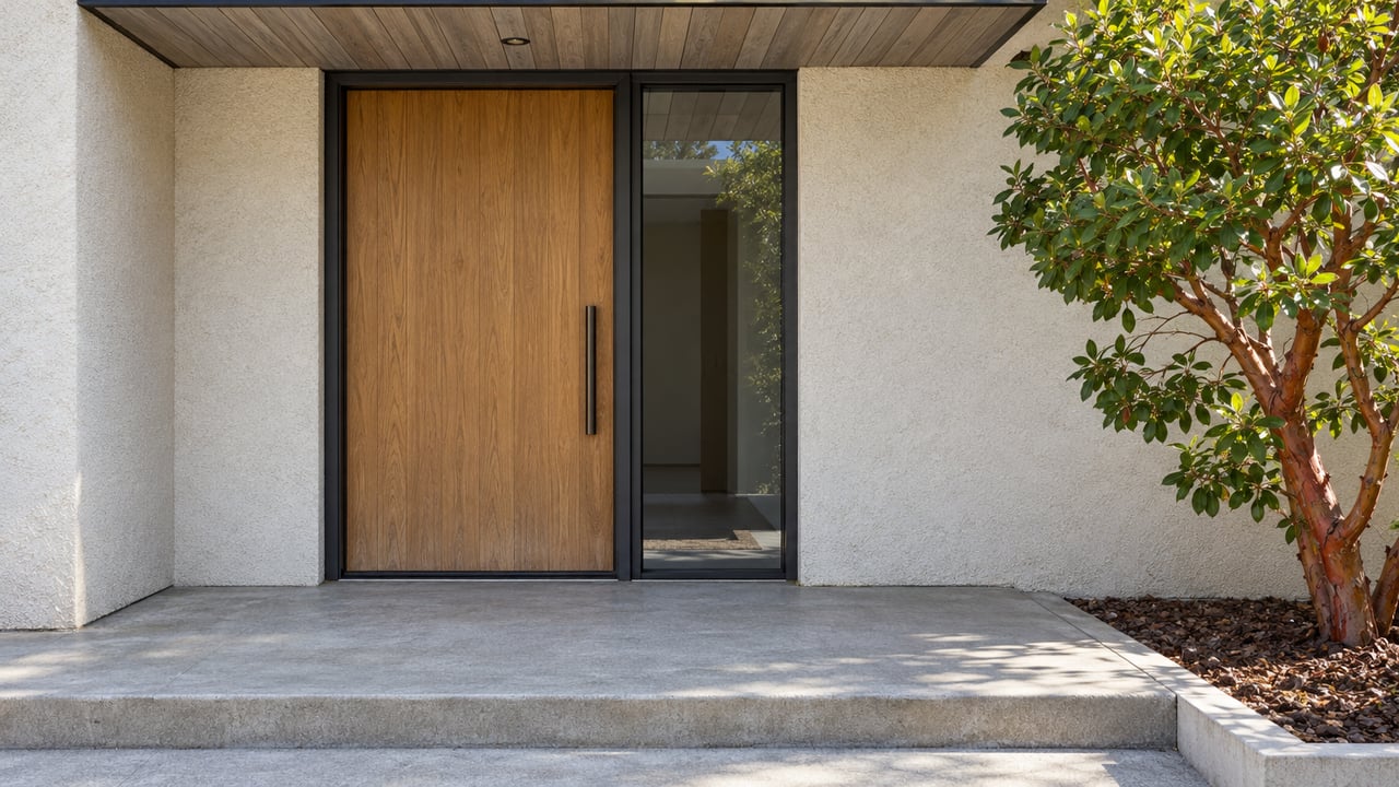 Sunlit wood and plaster home entry with a closed oak door, dark-framed sidelight and concrete landing beside a strawberry tree.