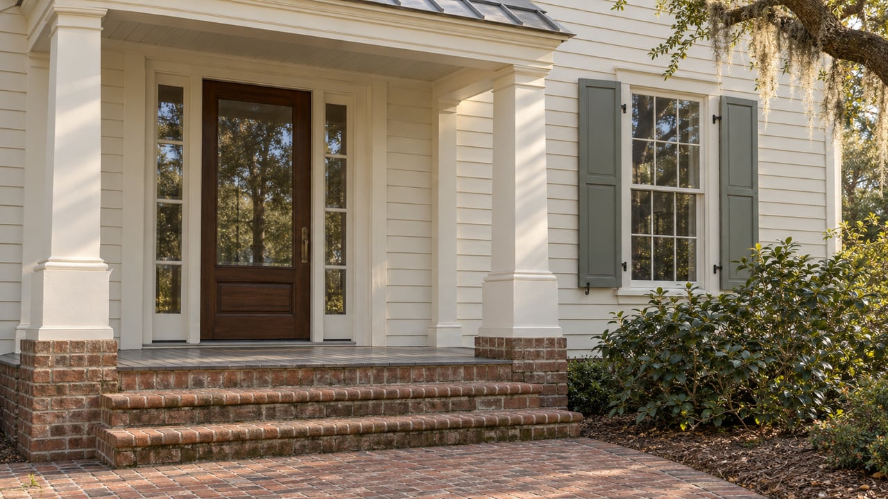 Ivory clapboard home with a shaded glazed entry, gray-green shutters and worn brick steps beside a camellia.