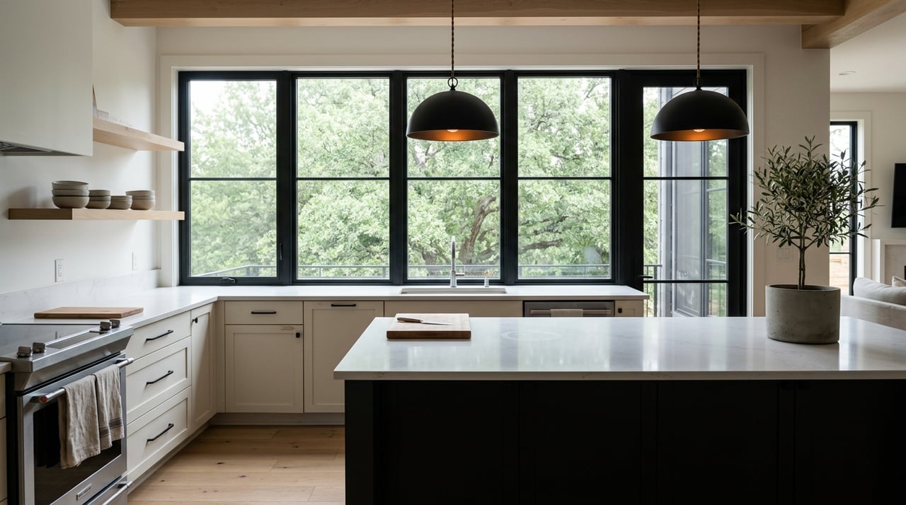 Open-concept kitchen with a white quartz island, oak floors, black-framed windows, and an olive tree in a concrete planter.
