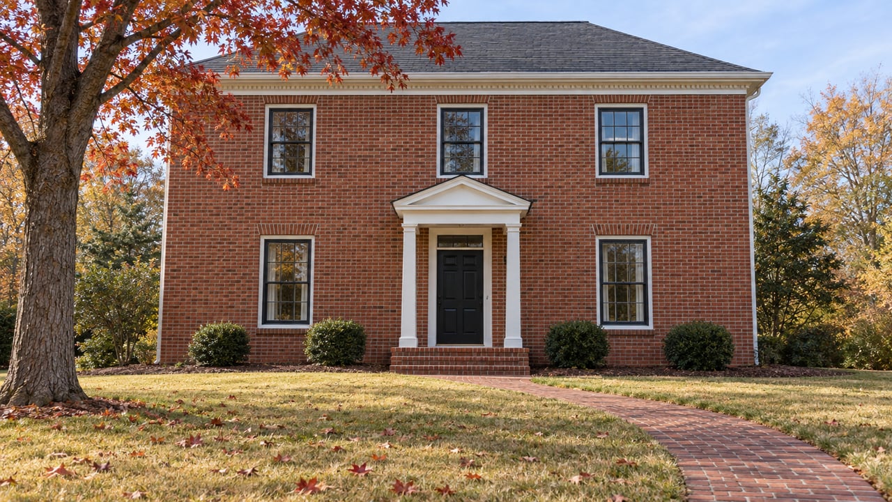 Two-story red brick home with white columned entry, a curving brick walk, golden lawn and a red-leaved maple in autumn morning light.