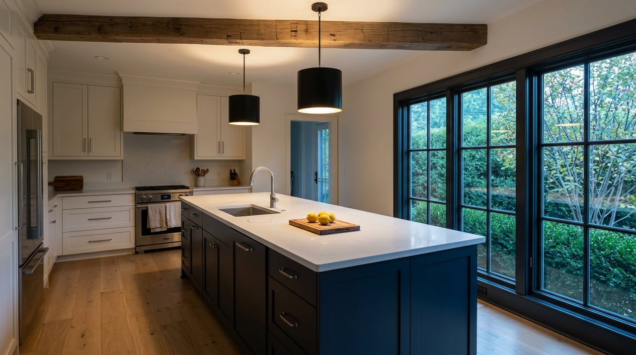 Kitchen with a navy island, white quartz countertop, wood ceiling beam, black pendants, and garden visible through a window.