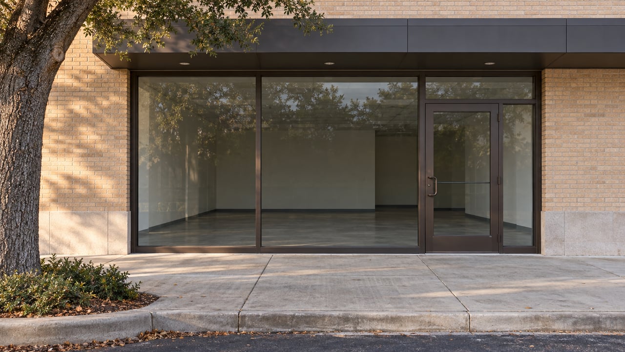 Vacant storefront with bronze-framed glass panels, buff-brick facade, concrete sidewalk, and an oak at the left.