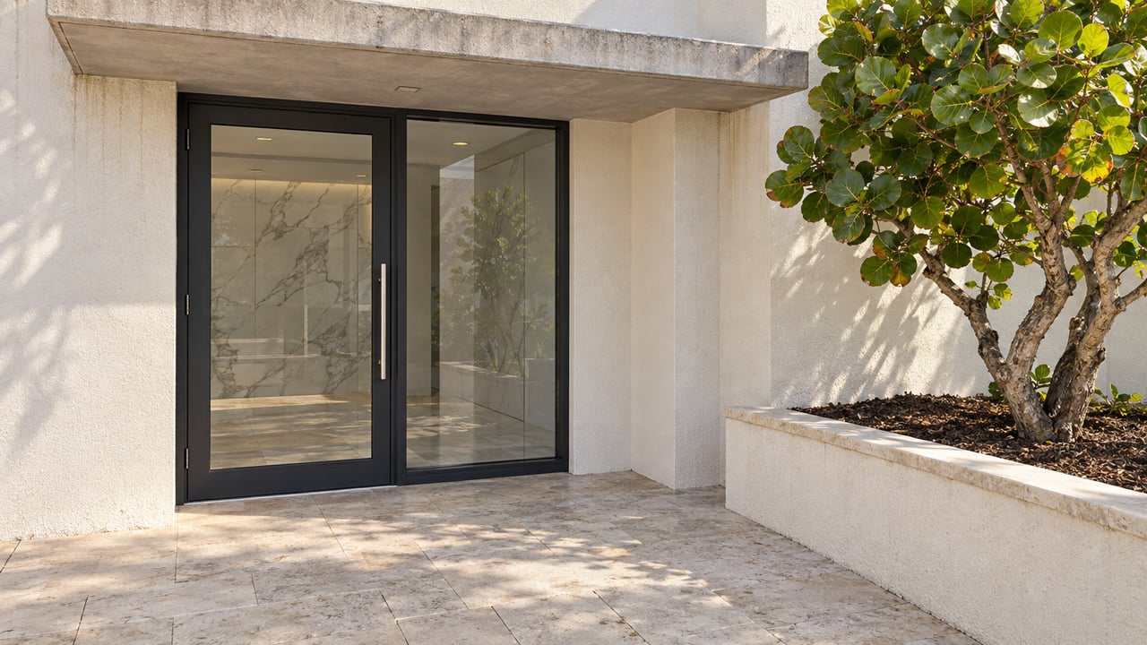 Sunlit condominium entrance with black-framed glass, pale stucco, a limestone approach, and a sea-grape tree in a raised planter.