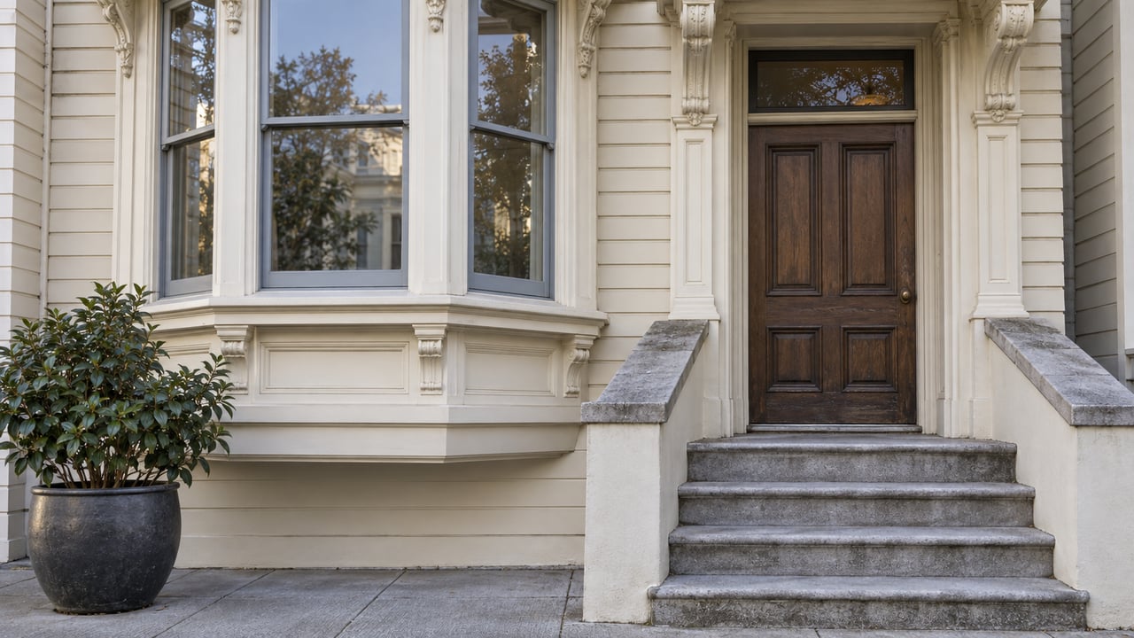 Ivory timber facade with projecting bay windows, a recessed oak entrance, worn limestone steps and a single potted camellia.
