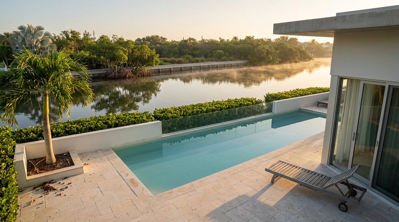 Travertine pool terrace meets a still water channel, with mangroves and palms across the bank.