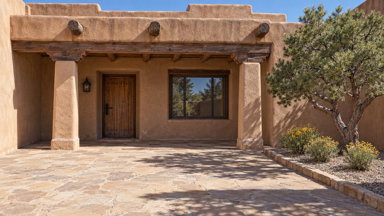Earthen stucco courtyard with a timber-supported portal, recessed wooden door, sandstone paving and a sculptural pinyon pine.