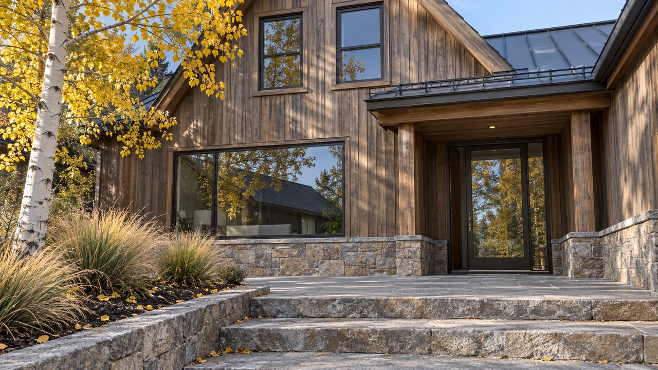 A narrow gabled timber home above quartzite steps, with bronze-framed windows and a yellow-leaved aspen beside the autumn terrace.