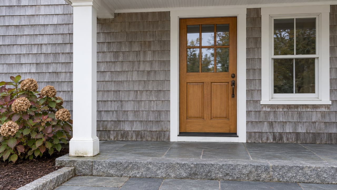 Weathered gray cedar entry with a glazed oak door, white trim, bluestone steps and autumn hydrangea.