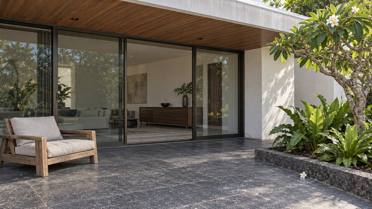 Covered luxury home terrace with teak soffit, bronze-framed glass, basalt paving and a flowering plumeria beside a raised stone planting edge.
