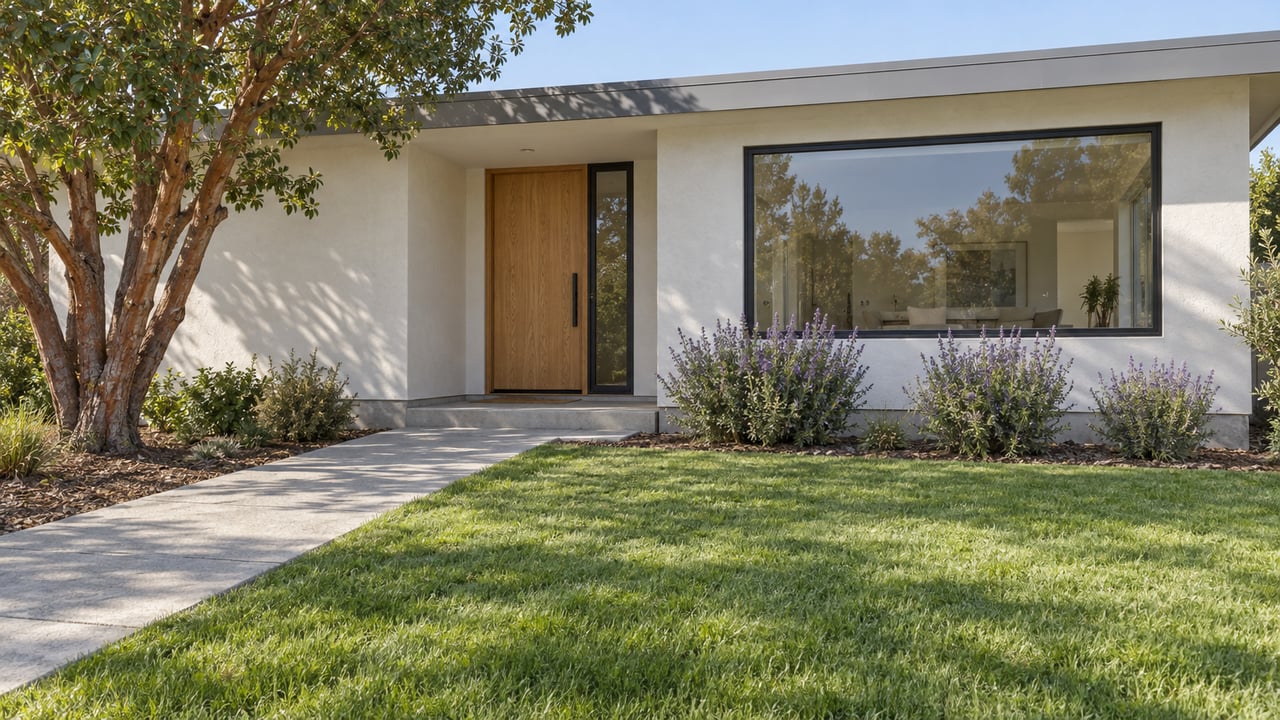 Updated single-story home with off-white stucco, an oak front door, a broad picture window and a lawn beside a concrete entry walk.