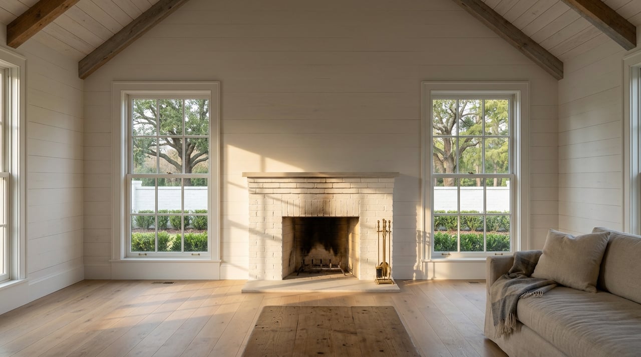 White farmhouse great room with a brick fireplace, tall windows, vaulted ceiling, and sunlight across the oak floor.