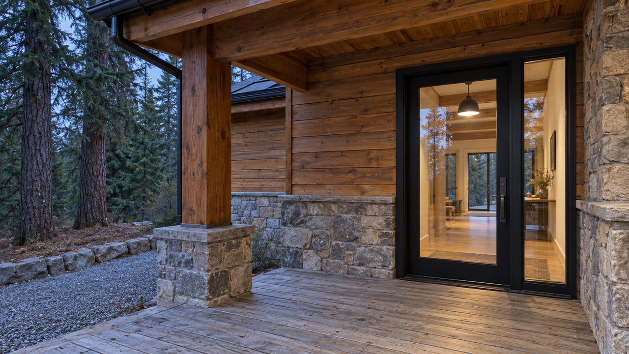 Covered timber porch with stone masonry, a glazed entry and mature conifers in cool evening light.