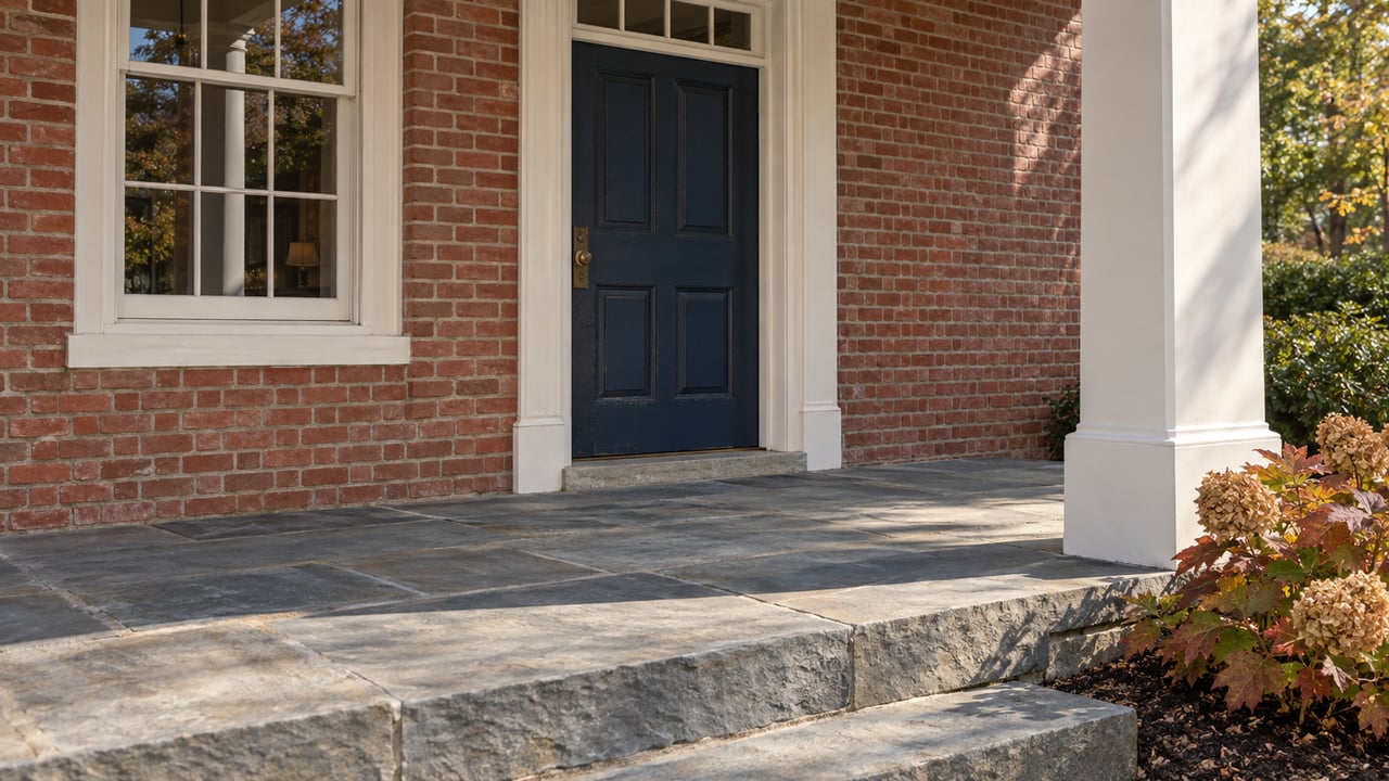 Brick home entrance with a dark blue door, white trim, weathered bluestone porch and autumn oakleaf hydrangea.