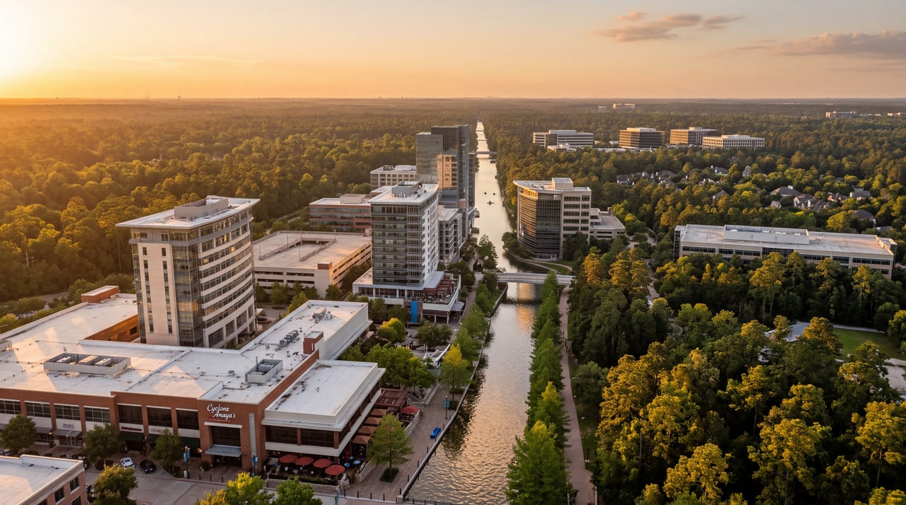 Aerial sunset view of The Woodlands Waterway canal lined with mid-rise buildings and dense forest