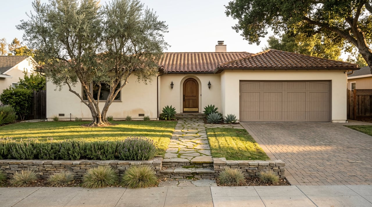 Cream stucco ranch home with terracotta roof, olive tree, lavender-lined flagstone path, and stacked-stone wall.