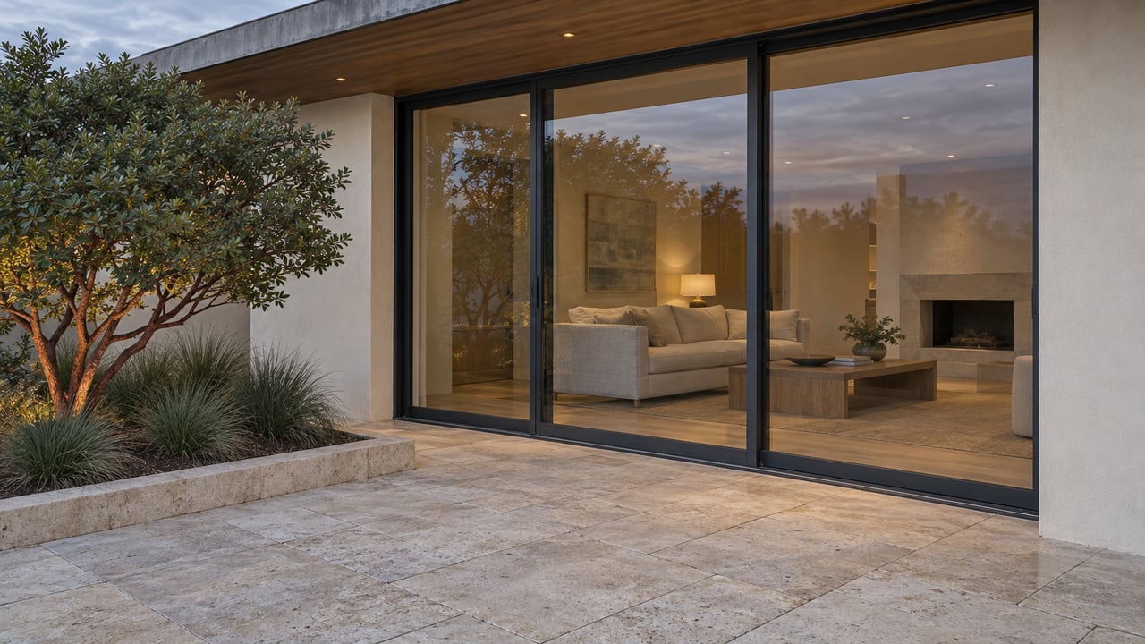 Limestone terrace beside a manzanita planting bed and glazed living room, with ivory stucco and a warm wood soffit.