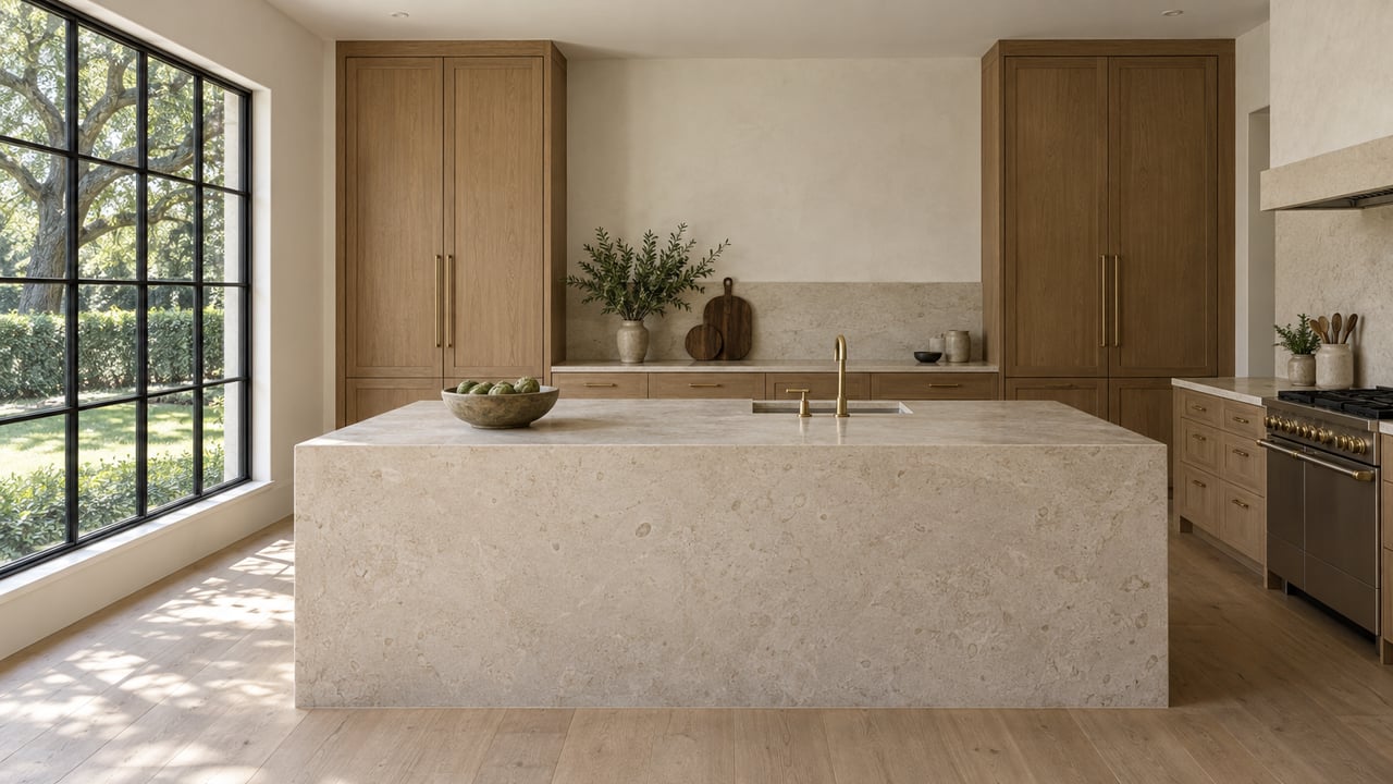 Kitchen with a pale stone island, warm oak cabinetry, and a black-framed garden window.