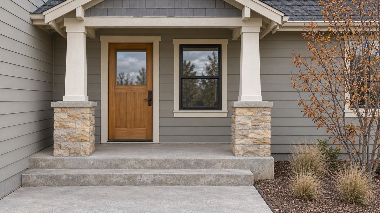 Gray-sided home with a sheltered wood entry door, sandstone porch bases, concrete steps and copper-colored serviceberry leaves.