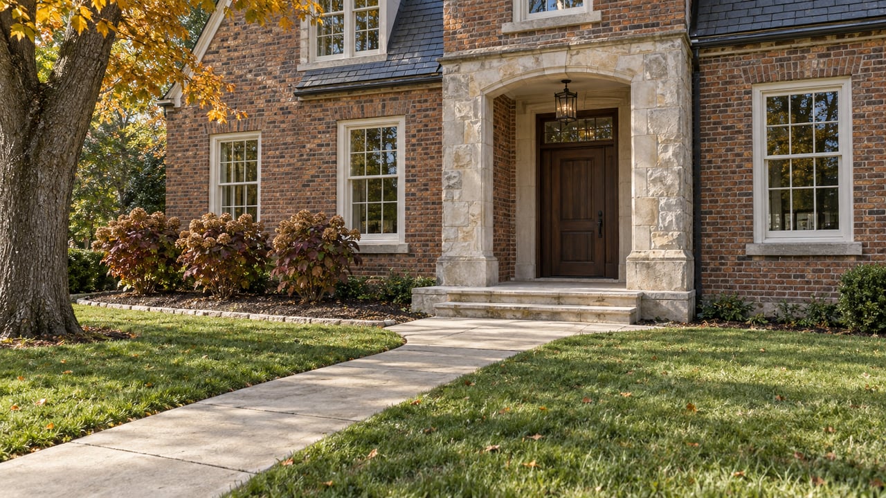 Brick home with a limestone entrance, tall sash windows, and a deep lawn beside an autumn maple.