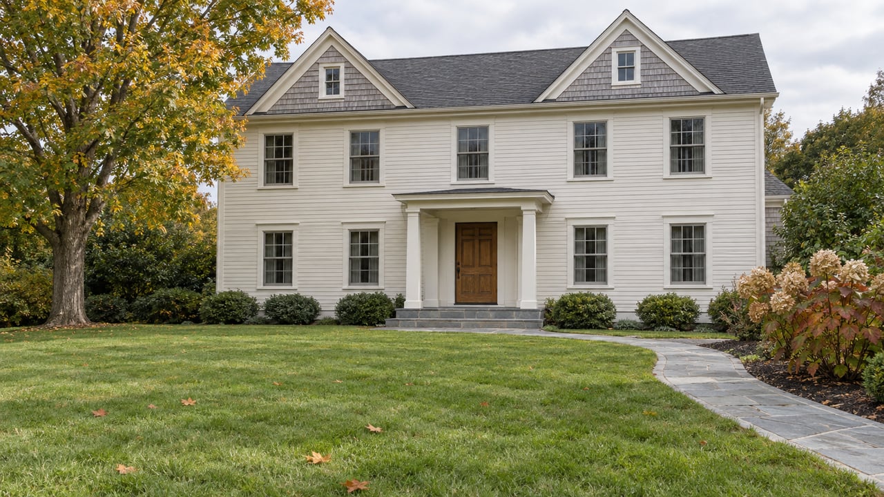 An ivory clapboard home with cedar gables, a stone entry path, a broad lawn, and a maple tree beginning to turn amber.