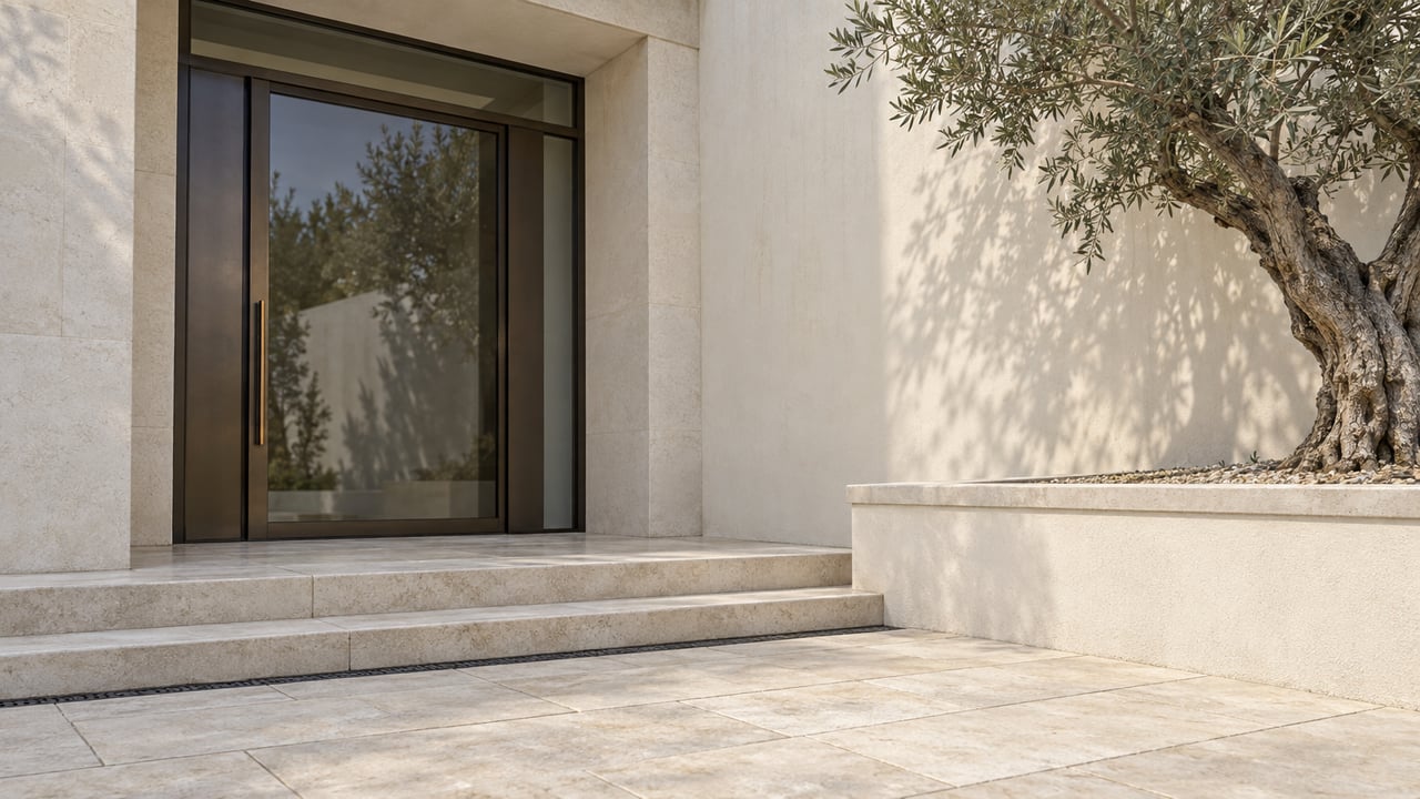 Recessed bronze-framed glass door beside cream stucco, limestone steps, and a raised planter with an olive tree.