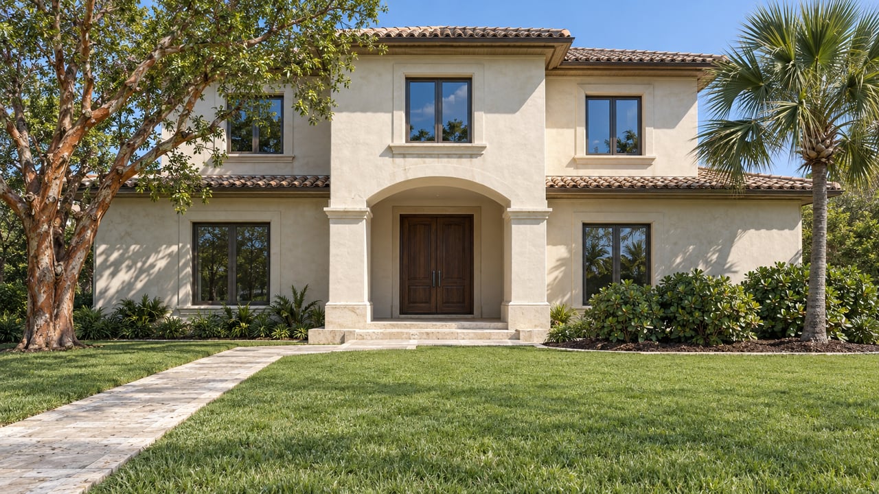 Ivory stucco home with a tiled roof and arched entry beyond a broad lawn and limestone walk, framed by a copper-barked tree and a fan palm.