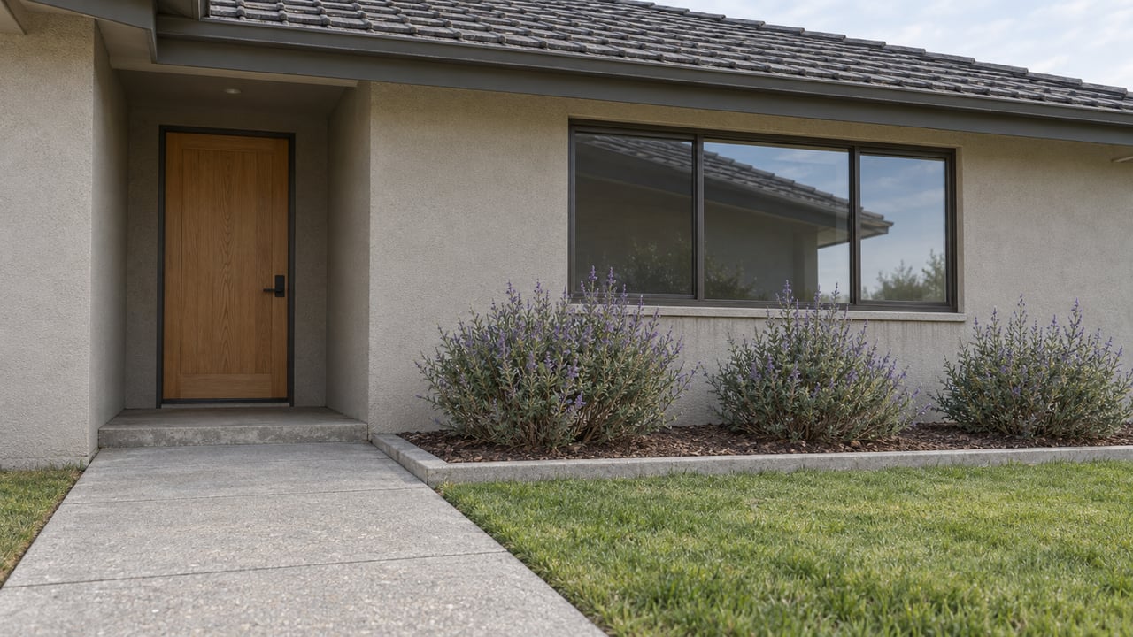 A gray stucco home's recessed oak entry and bronze-framed window above a concrete approach, lawn and three sage shrubs.