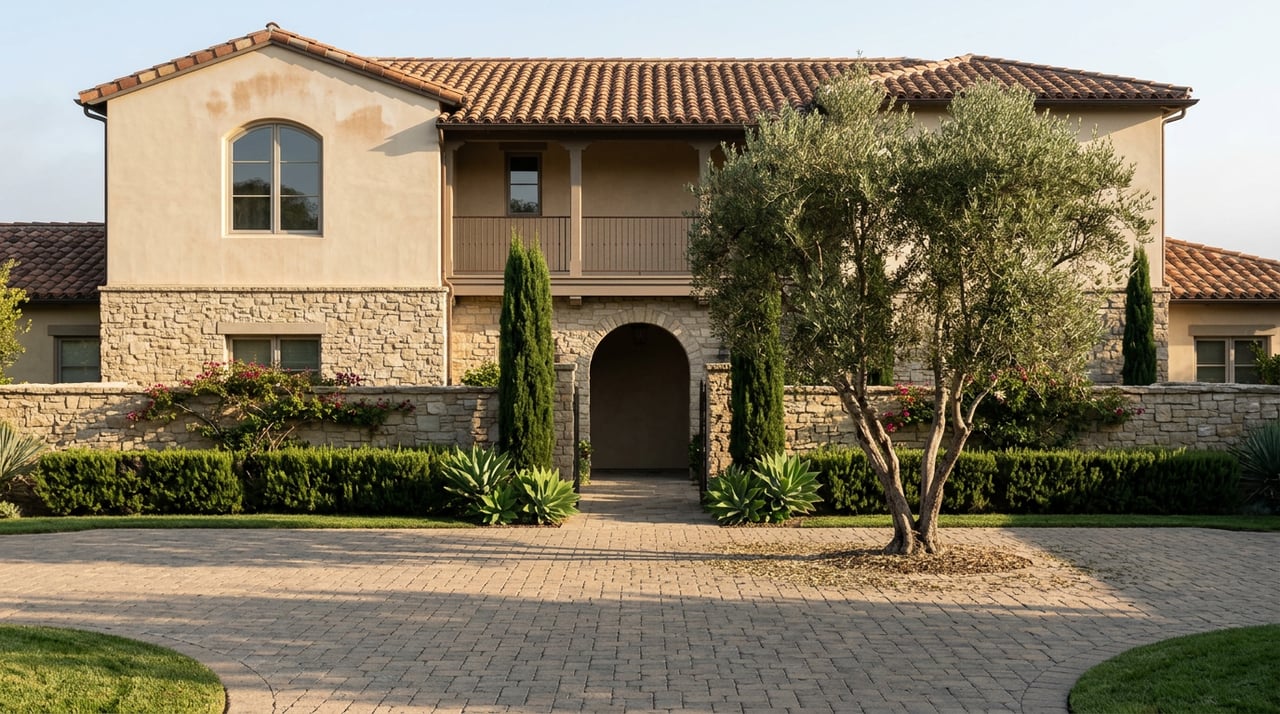 Mediterranean estate with terracotta roof, arched window, stone garden wall, and olive tree shading the paved courtyard.