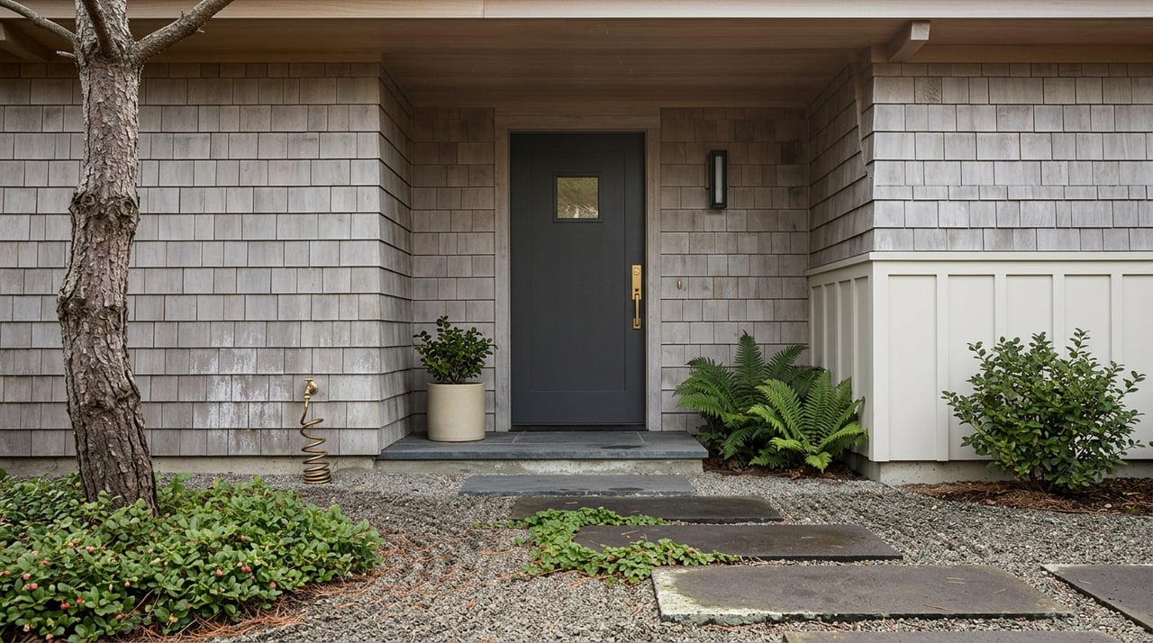 Coastal home’s charcoal side door beneath a deep oak eave, bordered by cedar shingles, basalt pavers, and native plants.
