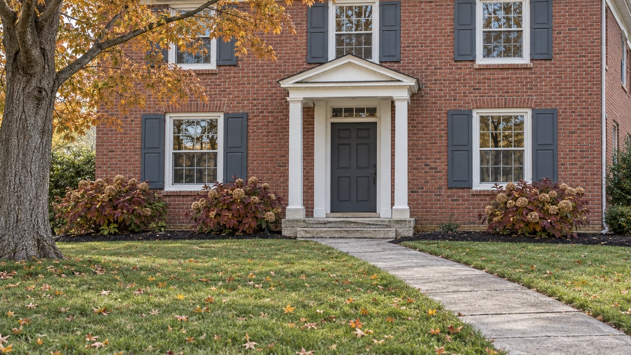 Traditional two-story red-brick home with slate-blue shutters, a limestone entry stoop and a deep autumn lawn beneath a copper-leaved maple.