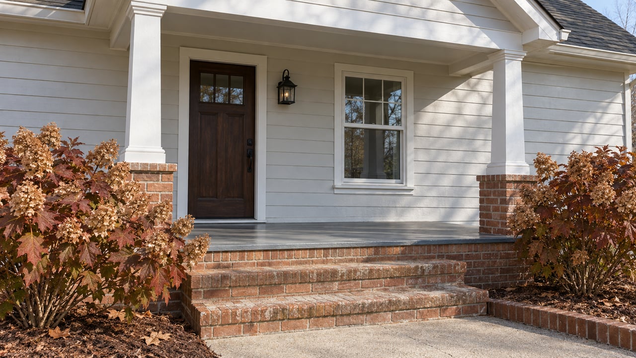 Sunlit porch with pale lap siding, russet brick steps, a closed timber door and oakleaf hydrangeas.