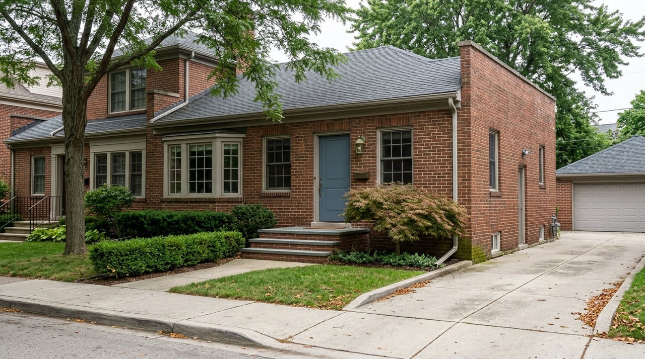 Two-story red-brown brick semi-detached house with a blue front door, stone steps, mature trees, and a side driveway.
