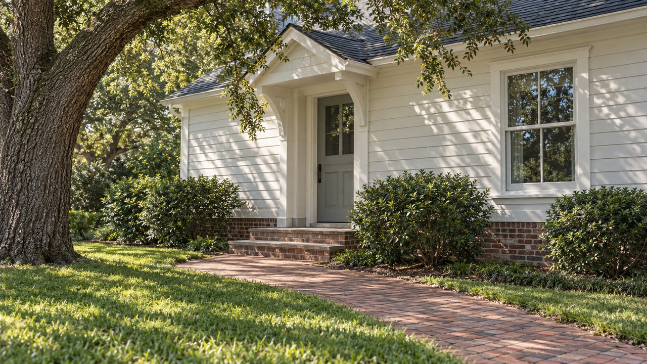 White-sided house with a brick approach, lawn, and mature live oak.