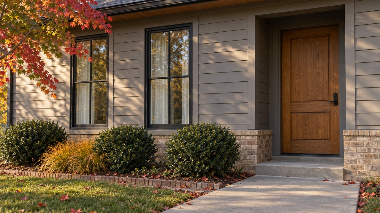 Warm gray-sided house with an oak door, two tall windows, and red and green leaves along the foundation.