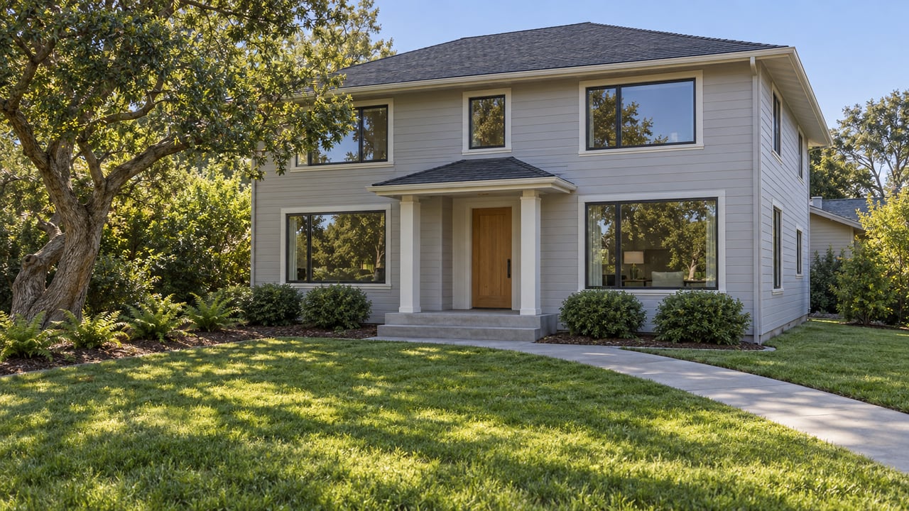 Modernized gray-sided detached house behind a deep lawn, with an oak tree and a concrete entry walk.
