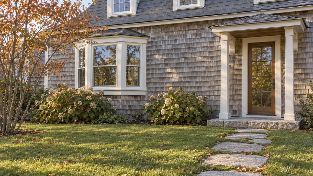 Weathered cedar-shingle house with a bay window, garden door, granite stepping stones, and sparse autumn planting.