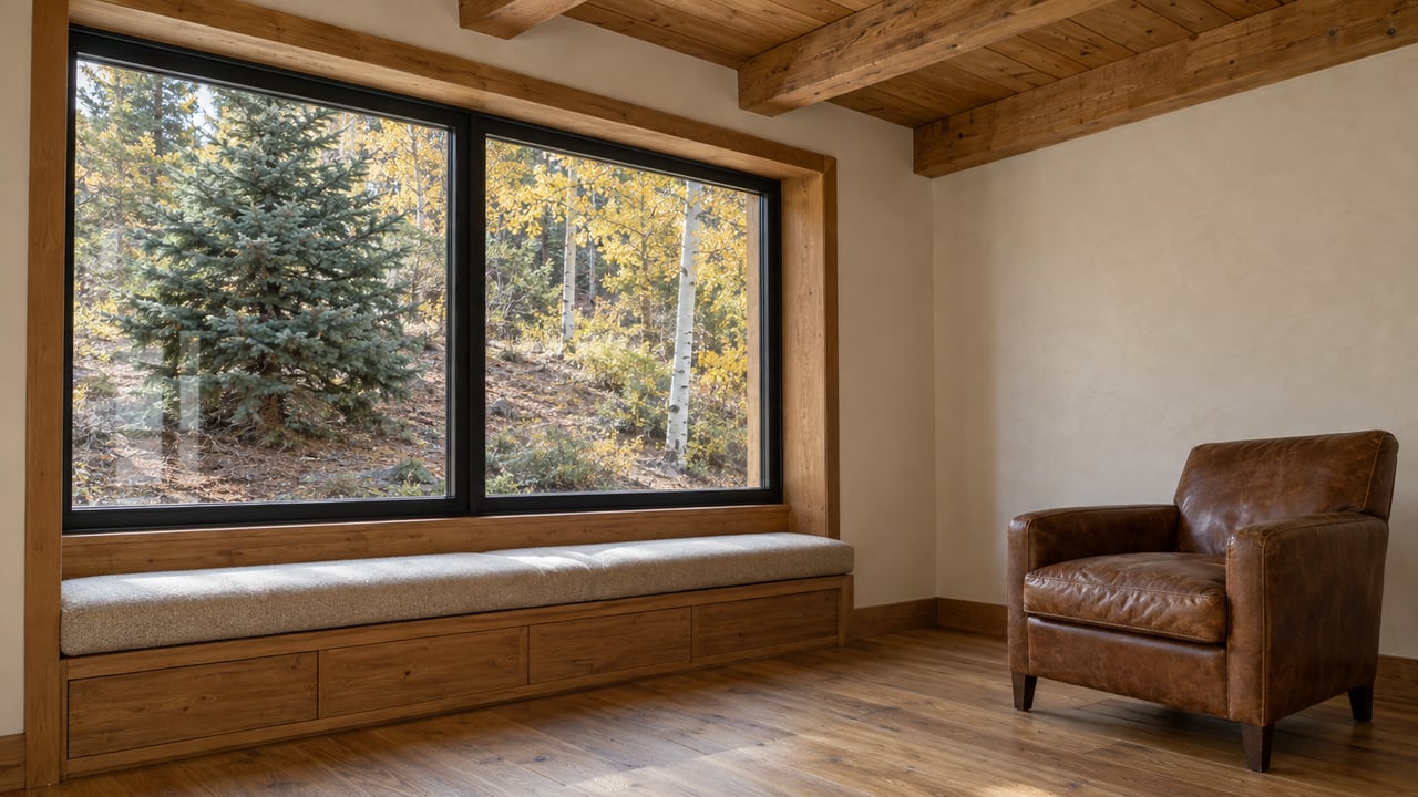 Timber-ceiling sitting room with a cushioned window bench, leather armchair and autumn trees beyond closed black-framed glazing.