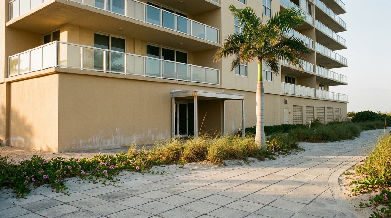 Curving paver walkway beside a beachfront condominium tower, with a royal palm and dune grasses.