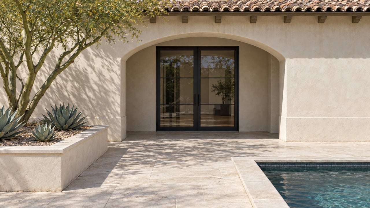 Cream stucco loggia with black-framed double glass doors, pale limestone terrace and pool corner beside sculptural desert planting.