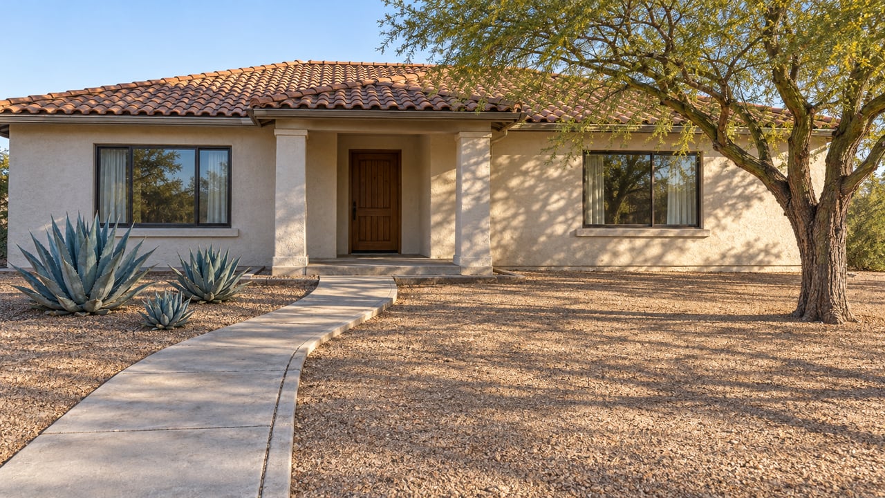 A single-story stucco home with a terracotta tile roof, a deep gravel front yard, blue-gray agaves and a branching desert tree in morning light.