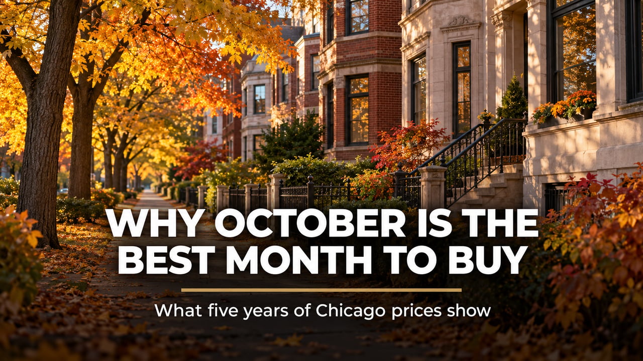 Tree-lined street of vintage greystone homes in fall on Chicago's North Side