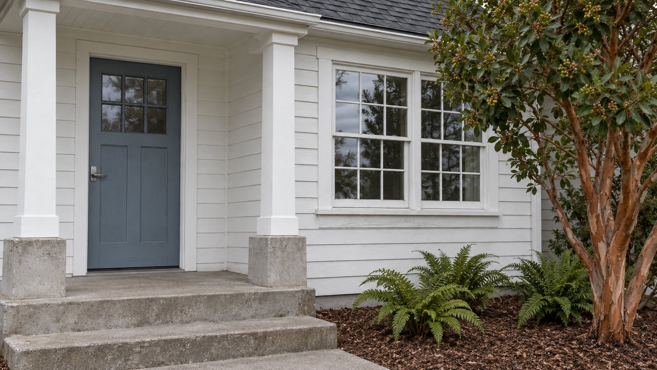 White cottage entry with a blue-gray door, divided-light window, worn concrete steps, and a strawberry tree beside three sword ferns.
