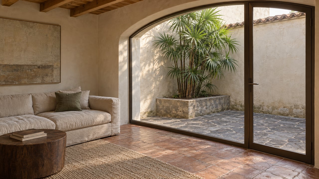 Warm plaster living room with wood beams, terracotta flooring, a linen sofa, and a glazed arch looking onto a small stone courtyard with one palm.