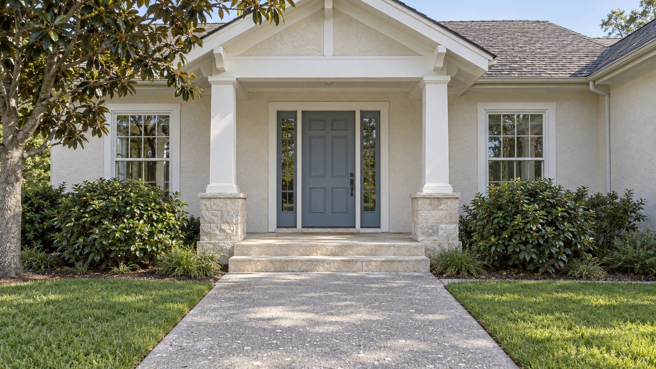 Ivory stucco home with a white-trimmed gabled porch, blue-gray front door, limestone steps and a broad concrete approach bordered by lawn and camellias.