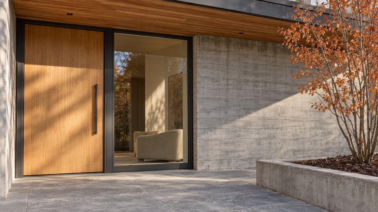 Sunlit modern home entrance beneath a cedar soffit, with an oak door, tall window, textured concrete and an autumn serviceberry in a raised planter.