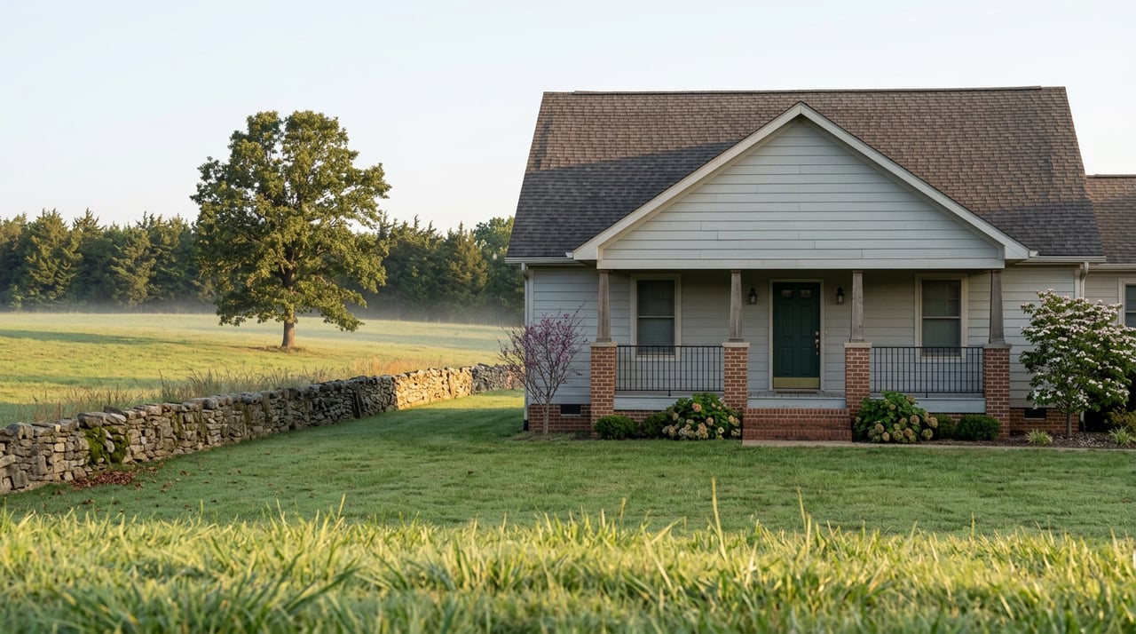 Gray gabled farmhouse beyond a stone wall and open pasture, with a lone oak and cedar trees behind it.