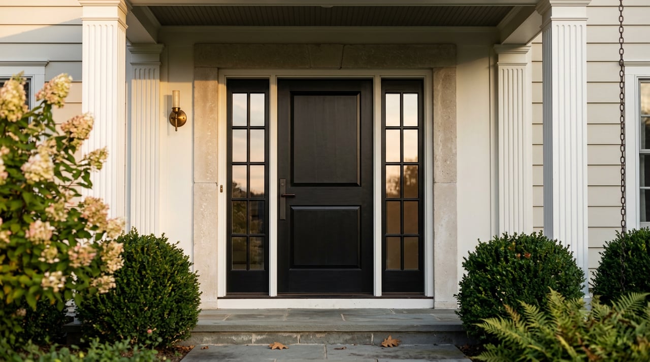 Black front door with glass sidelights, fluted white pilasters, limestone surround, brass lantern, and clipped boxwood.