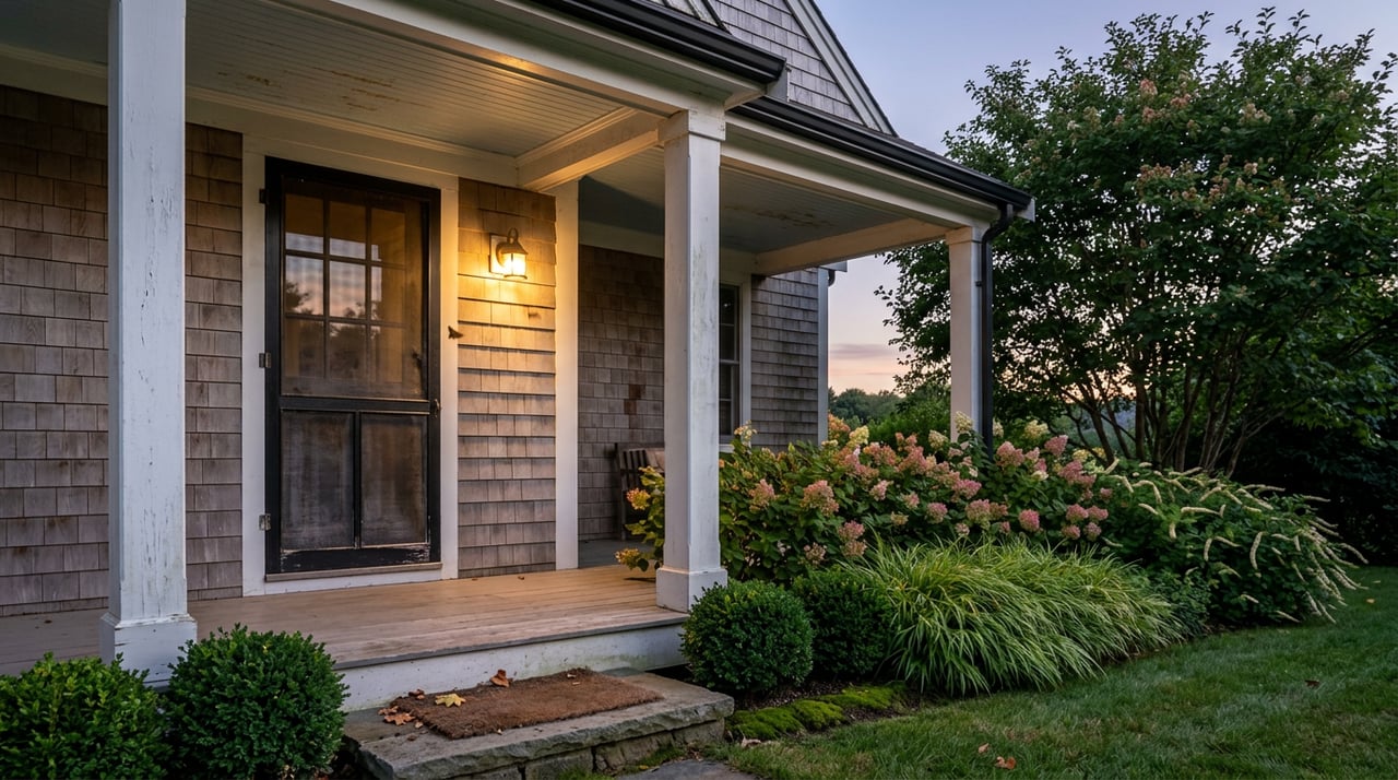 White-columned porch corner with a glowing brass sconce beside the screen door, framed by hydrangeas and tree canopy.